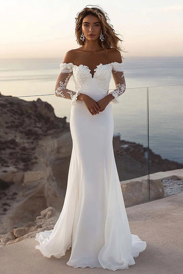 Mermaid Off The Shoulder Ivory Lace Long Wedding Dress